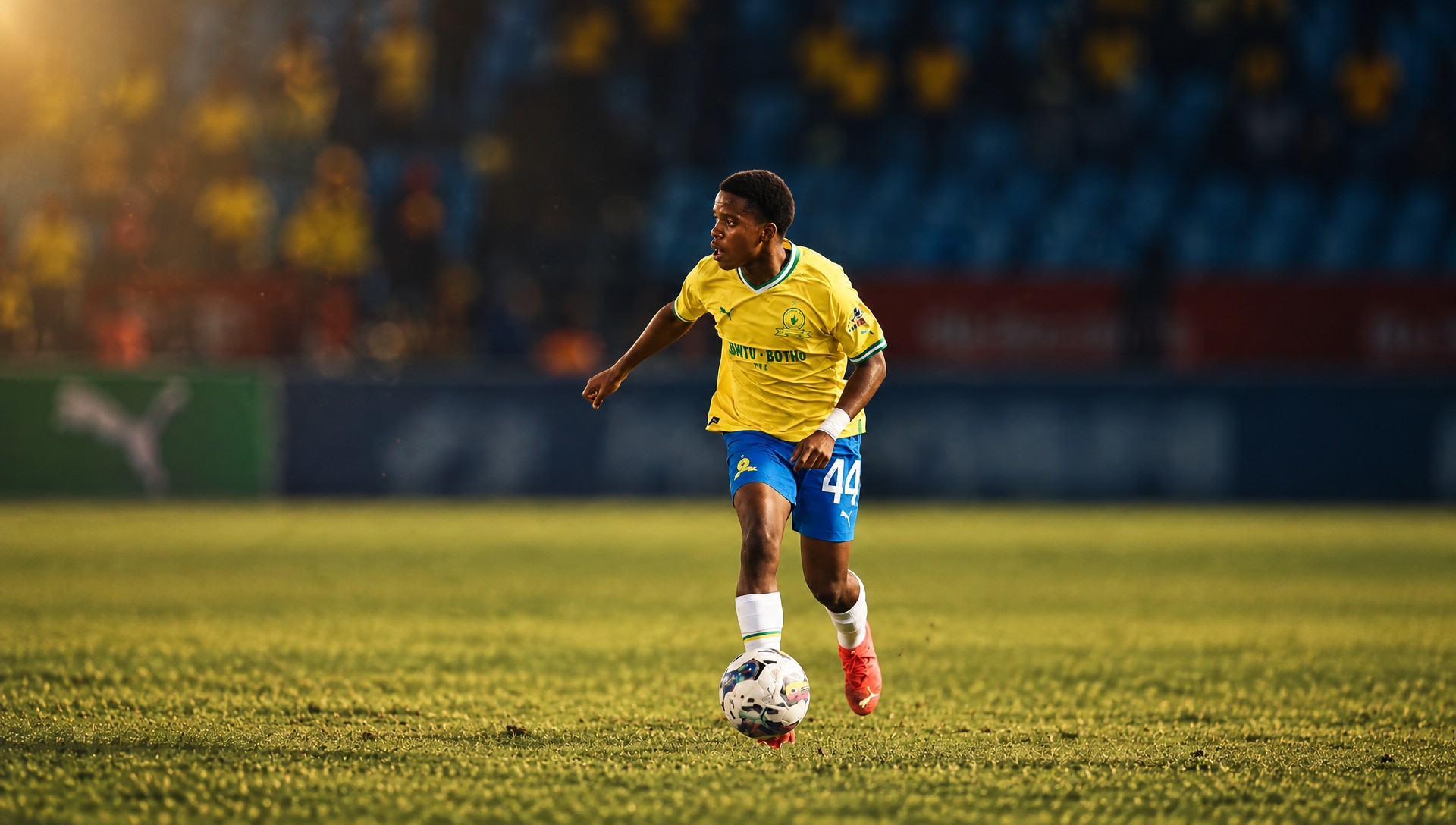 South African youth player in yellow and green dribbling the ball